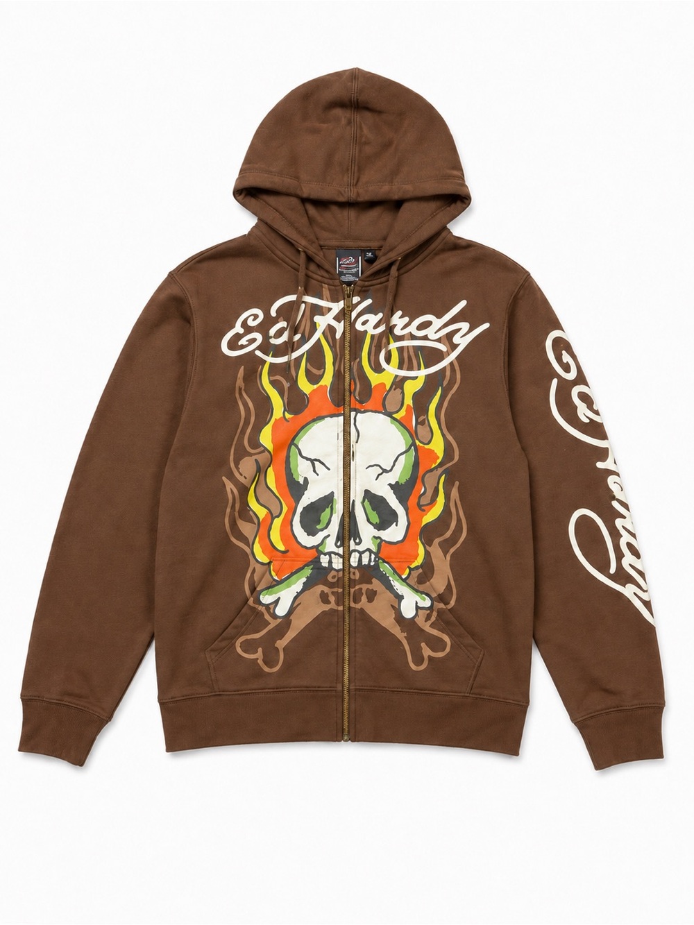 Ed Hardy Mens S Brown Skull Flame Zip Up Graphic Hoodie